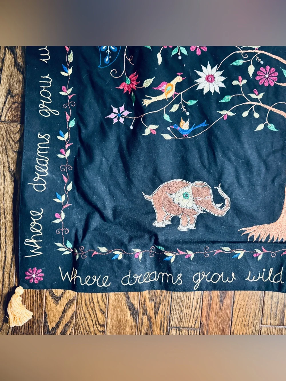 Ten Thousand Black Tree of Life Tapestry with Colorful Embroidery